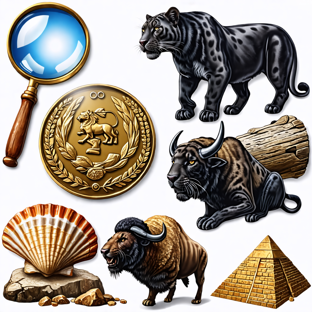 panther, magnifying glass, log, seashell, rock, medal, ladder, pyramid, buffalo, tornado